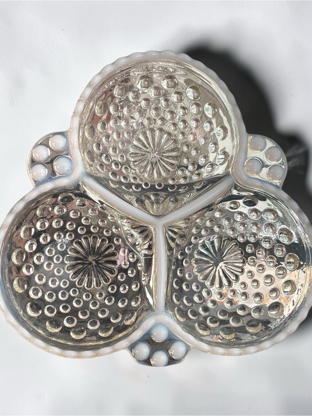 Anchor Hocking relish dish, three section clover, distinct opalescent hobnail
